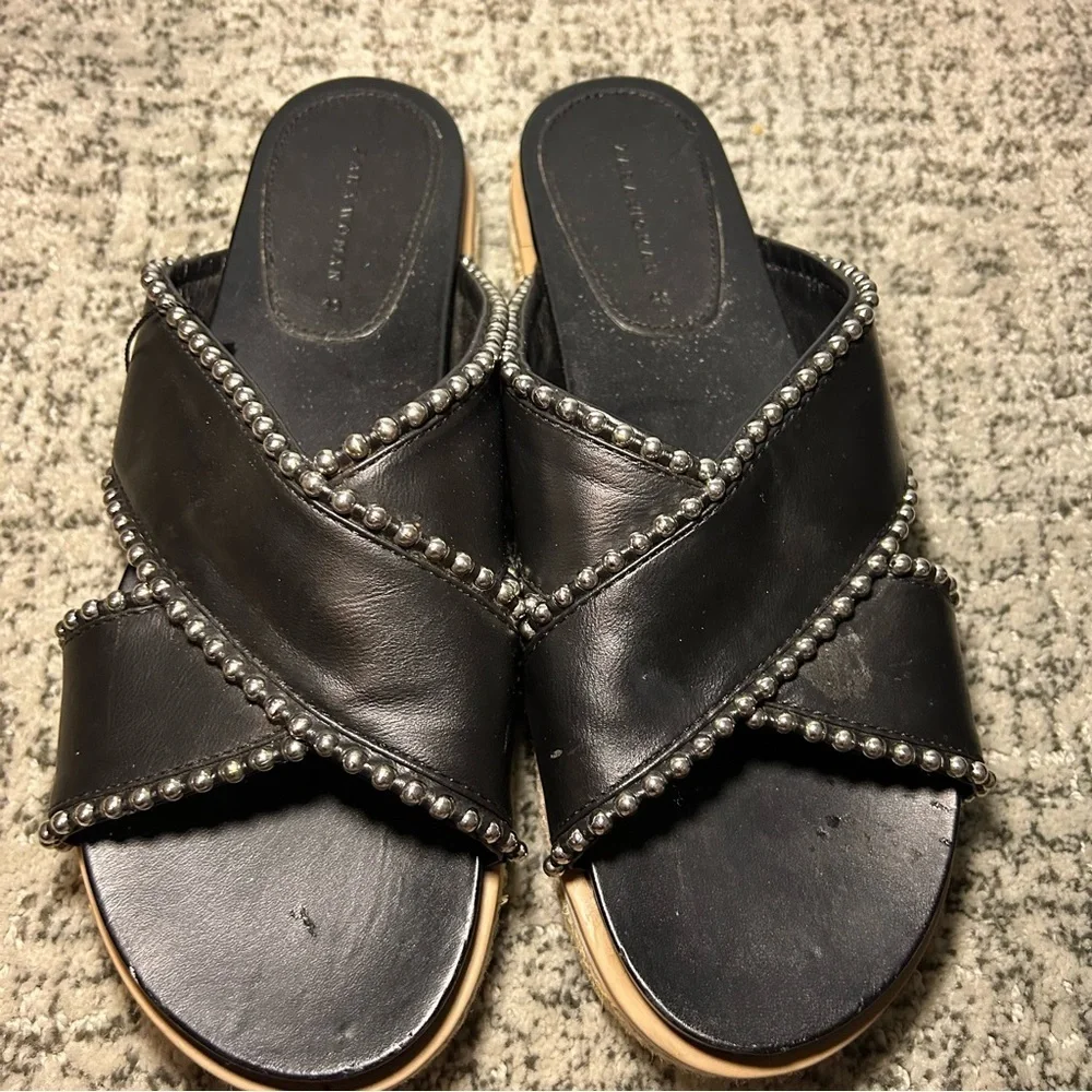Zara Trafaluc Black & Silver Beaded Criss-Cross Chunky Platform Sandals Size 9